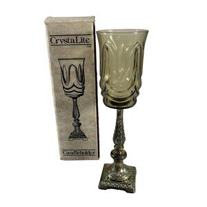 Vintage 90s CrystaLite Candle Holder Smoke Glass w Metal Bottom 9" Tall